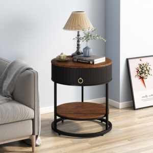 OIOG Round Side Table with Drawer, 2 Tier Night Stand with Shelf, Modern Side Table with Gold Legs for Living Room, Bedroom, Dorm, Marbling Natural Stone/Gold