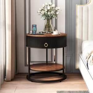 OIOG Round Side Table with Drawer, 2 Tier Night Stand with Shelf, Modern Side Table with Gold Legs for Living Room, Bedroom, Dorm, Marbling Natural Stone/Gold