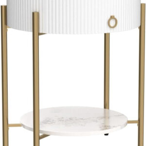 OIOG Modern End Table with Storage Drawer, Round 2-Tier Nightstand with Shelf, Gold Side Table with Metal Legs for Living Room, Bedroom, Office, Marbling Natural Stone/Gold