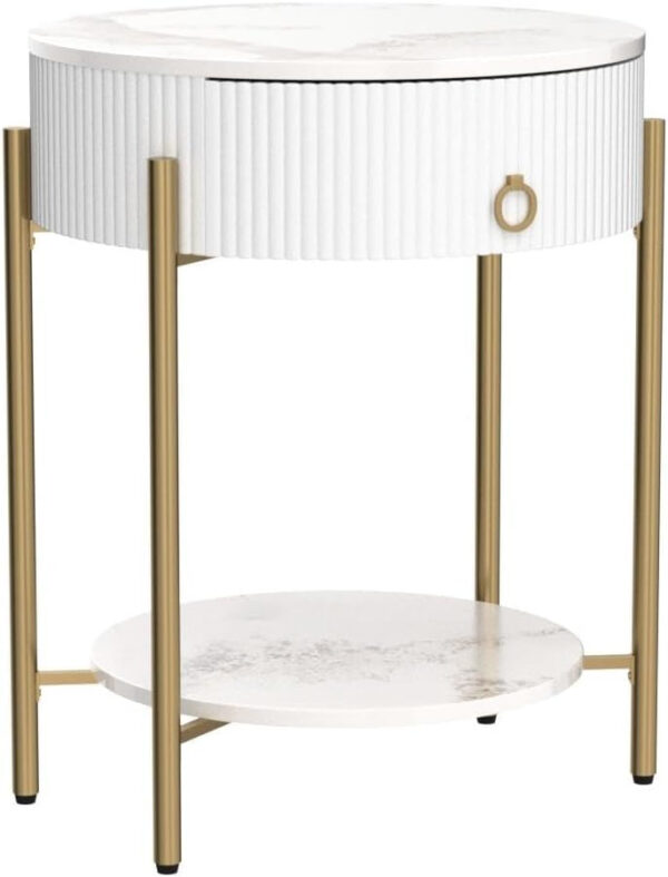 OIOG Modern End Table with Storage Drawer, Round 2-Tier Nightstand with Shelf, Gold Side Table with Metal Legs for Living Room, Bedroom, Office, Marbling Natural Stone/Gold