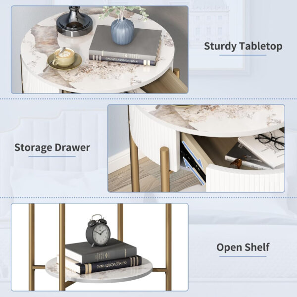 OIOG Modern End Table with Storage Drawer, Round 2-Tier Nightstand with Shelf, Gold Side Table with Metal Legs for Living Room, Bedroom, Office, Marbling Natural Stone/Gold