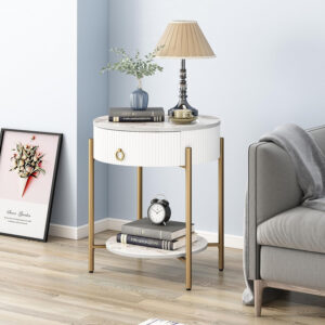 OIOG Modern End Table with Storage Drawer, Round 2-Tier Nightstand with Shelf, Gold Side Table with Metal Legs for Living Room, Bedroom, Office, Marbling Natural Stone/Gold