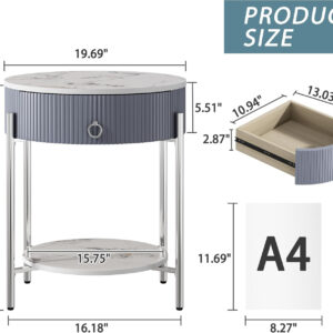 OIOG Modern End Table with Storage Drawer, Round 2-Tier Nightstand with Shelf, Gold Side Table with Metal Legs for Living Room, Bedroom, Office, Marbling Natural Stone/Gold