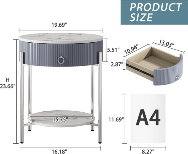 OIOG Modern End Table with Storage Drawer, Round 2-Tier Nightstand with Shelf, Gold Side Table with Metal Legs for Living Room, Bedroom, Office, Marbling Natural Stone/Gold