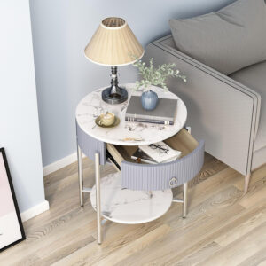 OIOG Modern End Table with Storage Drawer, Round 2-Tier Nightstand with Shelf, Gold Side Table with Metal Legs for Living Room, Bedroom, Office, Marbling Natural Stone/Gold