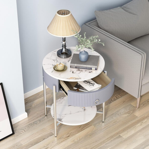 OIOG Modern End Table with Storage Drawer, Round 2-Tier Nightstand with Shelf, Gold Side Table with Metal Legs for Living Room, Bedroom, Office, Marbling Natural Stone/Gold