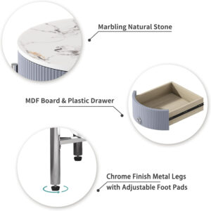 OIOG Modern End Table with Storage Drawer, Round 2-Tier Nightstand with Shelf, Gold Side Table with Metal Legs for Living Room, Bedroom, Office, Marbling Natural Stone/Gold