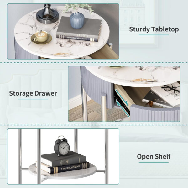 OIOG Modern End Table with Storage Drawer, Round 2-Tier Nightstand with Shelf, Gold Side Table with Metal Legs for Living Room, Bedroom, Office, Marbling Natural Stone/Gold