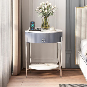 OIOG Modern End Table with Storage Drawer, Round 2-Tier Nightstand with Shelf, Gold Side Table with Metal Legs for Living Room, Bedroom, Office, Marbling Natural Stone/Gold