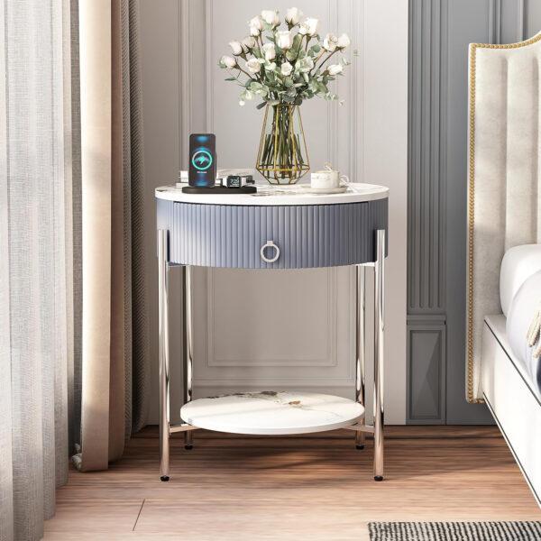 OIOG Modern End Table with Storage Drawer, Round 2-Tier Nightstand with Shelf, Gold Side Table with Metal Legs for Living Room, Bedroom, Office, Marbling Natural Stone/Gold