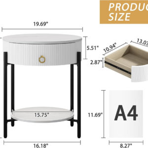 OIOG Modern End Table with Storage Drawer, Round 2-Tier Nightstand with Shelf, Gold Side Table with Metal Legs for Living Room, Bedroom, Office, Marbling Natural Stone/Gold