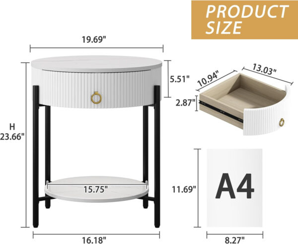 OIOG Modern End Table with Storage Drawer, Round 2-Tier Nightstand with Shelf, Gold Side Table with Metal Legs for Living Room, Bedroom, Office, Marbling Natural Stone/Gold