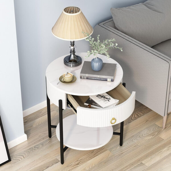 OIOG Modern End Table with Storage Drawer, Round 2-Tier Nightstand with Shelf, Gold Side Table with Metal Legs for Living Room, Bedroom, Office, Marbling Natural Stone/Gold
