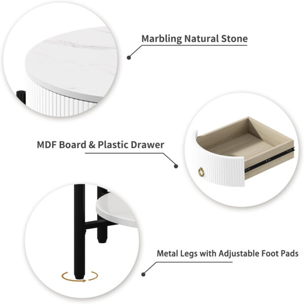 OIOG Modern End Table with Storage Drawer, Round 2-Tier Nightstand with Shelf, Gold Side Table with Metal Legs for Living Room, Bedroom, Office, Marbling Natural Stone/Gold