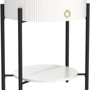 OIOG Modern End Table with Storage Drawer, Round 2-Tier Nightstand with Shelf, Gold Side Table with Metal Legs for Living Room, Bedroom, Office, Marbling Natural Stone/Gold