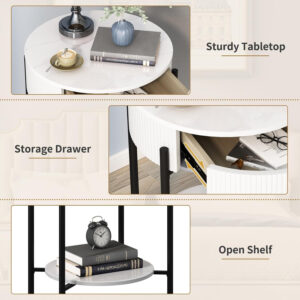 OIOG Modern End Table with Storage Drawer, Round 2-Tier Nightstand with Shelf, Gold Side Table with Metal Legs for Living Room, Bedroom, Office, Marbling Natural Stone/Gold