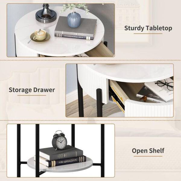 OIOG Modern End Table with Storage Drawer, Round 2-Tier Nightstand with Shelf, Gold Side Table with Metal Legs for Living Room, Bedroom, Office, Marbling Natural Stone/Gold