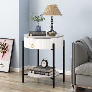 OIOG Modern End Table with Storage Drawer, Round 2-Tier Nightstand with Shelf, Gold Side Table with Metal Legs for Living Room, Bedroom, Office, Marbling Natural Stone/Gold