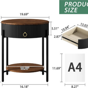 OIOG Modern End Table with Storage Drawer, Round 2-Tier Nightstand with Shelf, Gold Side Table with Metal Legs for Living Room, Bedroom, Office, Marbling Natural Stone/Gold