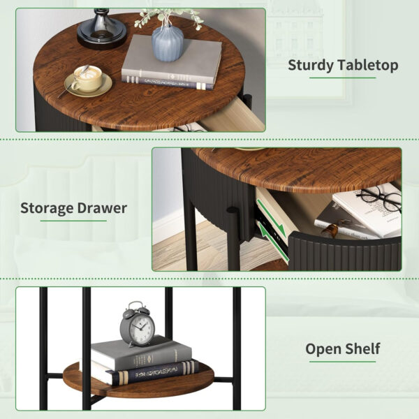 OIOG Modern End Table with Storage Drawer, Round 2-Tier Nightstand with Shelf, Gold Side Table with Metal Legs for Living Room, Bedroom, Office, Marbling Natural Stone/Gold