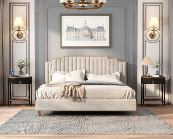 OIOG Modern End Table with Storage Drawer, Round 2-Tier Nightstand with Shelf, Gold Side Table with Metal Legs for Living Room, Bedroom, Office, Marbling Natural Stone/Gold