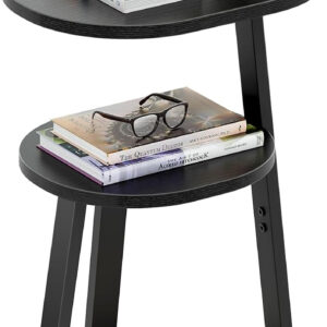 Side Table, Small End Table with Metal Frame, 3-Tier Bedside Tables, Round Side Tables for Living Room Bedroom Couch Bathroom, Oval, Pure Black