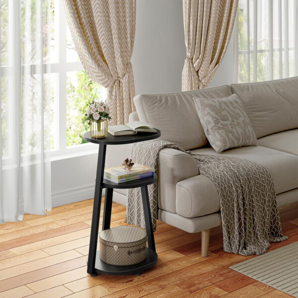 Side Table, Small End Table with Metal Frame, 3-Tier Bedside Tables, Round Side Tables for Living Room Bedroom Couch Bathroom, Oval, Pure Black