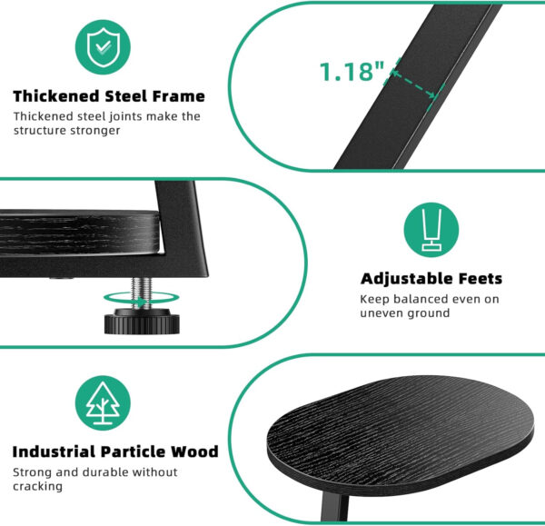 Side Table, Small End Table with Metal Frame, 3-Tier Bedside Tables, Round Side Tables for Living Room Bedroom Couch Bathroom, Oval, Pure Black
