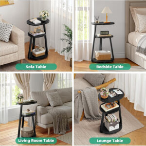 Side Table, Small End Table with Metal Frame, 3-Tier Bedside Tables, Round Side Tables for Living Room Bedroom Couch Bathroom, Oval, Pure Black