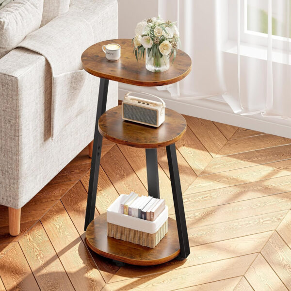 Side Table, Small End Table with Metal Frame, 3-Tier Bedside Tables, Round Side Tables for Living Room Bedroom Couch Bathroom, Oval, Pure Black