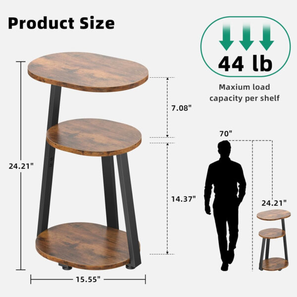 Side Table, Small End Table with Metal Frame, 3-Tier Bedside Tables, Round Side Tables for Living Room Bedroom Couch Bathroom, Oval, Pure Black