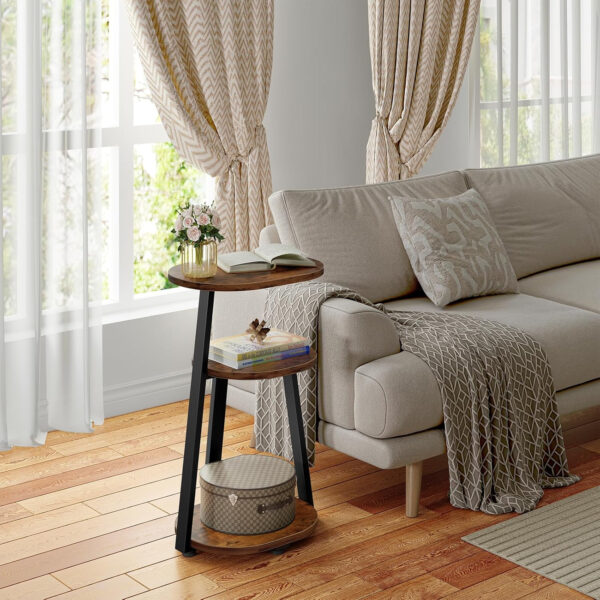 Side Table, Small End Table with Metal Frame, 3-Tier Bedside Tables, Round Side Tables for Living Room Bedroom Couch Bathroom, Oval, Pure Black