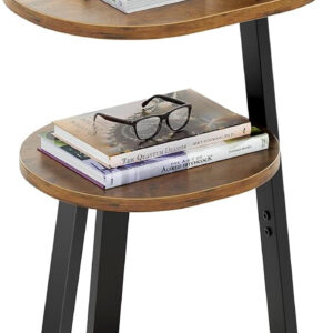 Side Table, Small End Table with Metal Frame, 3-Tier Bedside Tables, Round Side Tables for Living Room Bedroom Couch Bathroom, Oval, Pure Black