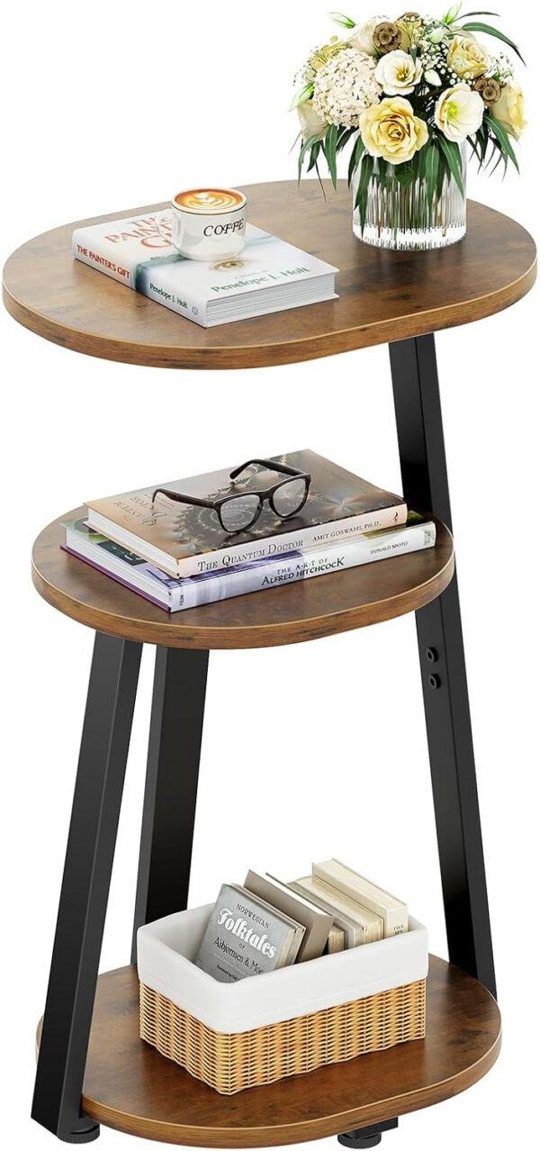 Side Table, Small End Table with Metal Frame, 3-Tier Bedside Tables, Round Side Tables for Living Room Bedroom Couch Bathroom, Oval, Pure Black