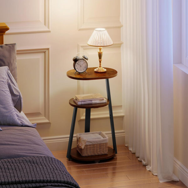 Side Table, Small End Table with Metal Frame, 3-Tier Bedside Tables, Round Side Tables for Living Room Bedroom Couch Bathroom, Oval, Pure Black