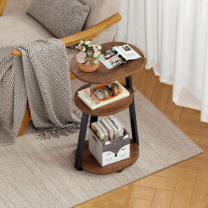 Side Table, Small End Table with Metal Frame, 3-Tier Bedside Tables, Round Side Tables for Living Room Bedroom Couch Bathroom, Oval, Pure Black