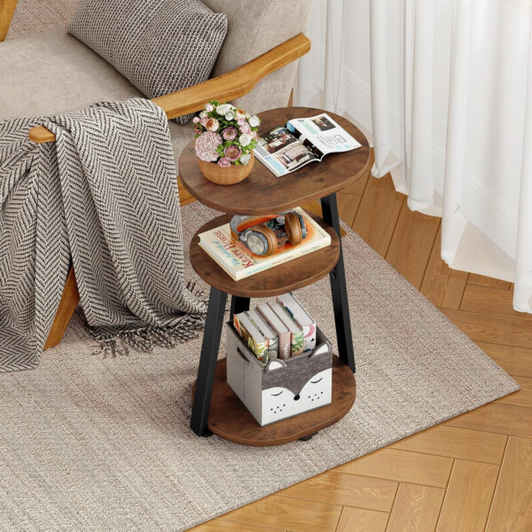 Side Table, Small End Table with Metal Frame, 3-Tier Bedside Tables, Round Side Tables for Living Room Bedroom Couch Bathroom, Oval, Pure Black