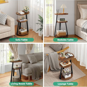 Side Table, Small End Table with Metal Frame, 3-Tier Bedside Tables, Round Side Tables for Living Room Bedroom Couch Bathroom, Oval, Pure Black