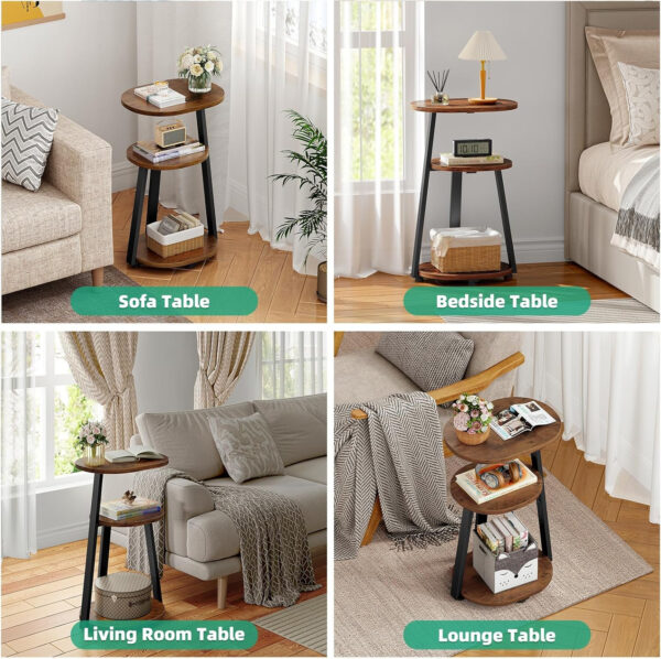 Side Table, Small End Table with Metal Frame, 3-Tier Bedside Tables, Round Side Tables for Living Room Bedroom Couch Bathroom, Oval, Pure Black