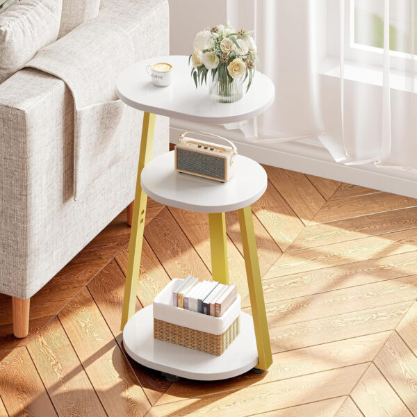 Side Table, Small End Table with Metal Frame, 3-Tier Bedside Tables, Round Side Tables for Living Room Bedroom Couch Bathroom, Oval, Pure Black