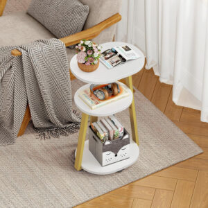 Side Table, Small End Table with Metal Frame, 3-Tier Bedside Tables, Round Side Tables for Living Room Bedroom Couch Bathroom, Oval, Pure Black
