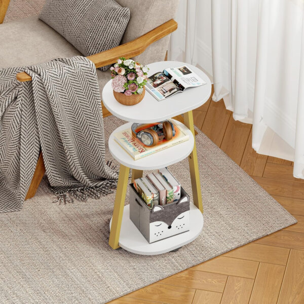Side Table, Small End Table with Metal Frame, 3-Tier Bedside Tables, Round Side Tables for Living Room Bedroom Couch Bathroom, Oval, Pure Black