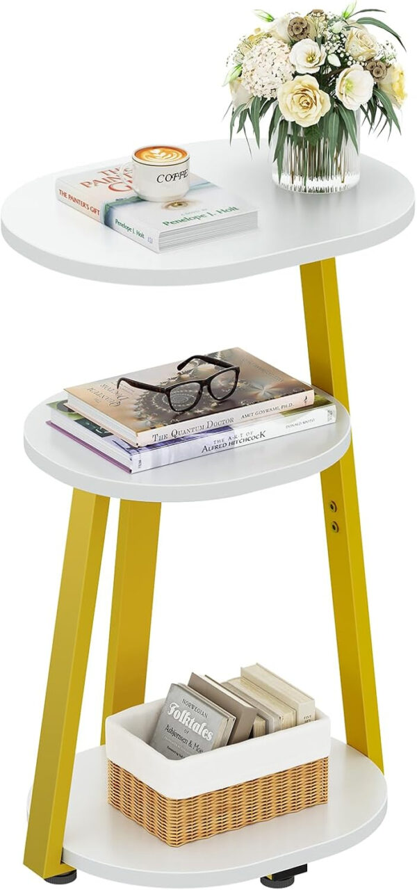 Side Table, Small End Table with Metal Frame, 3-Tier Bedside Tables, Round Side Tables for Living Room Bedroom Couch Bathroom, Oval, Pure Black