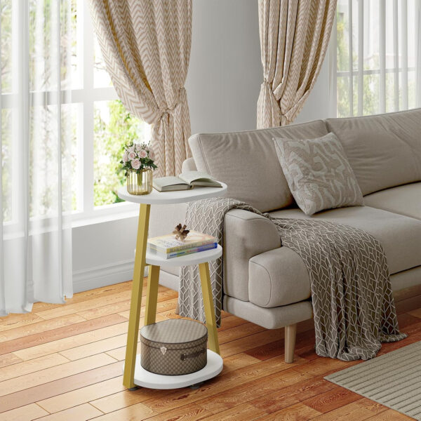 Side Table, Small End Table with Metal Frame, 3-Tier Bedside Tables, Round Side Tables for Living Room Bedroom Couch Bathroom, Oval, Pure Black