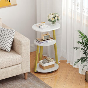 Side Table, Small End Table with Metal Frame, 3-Tier Bedside Tables, Round Side Tables for Living Room Bedroom Couch Bathroom, Oval, Pure Black