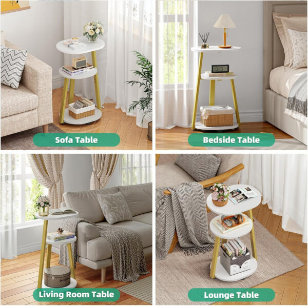 Side Table, Small End Table with Metal Frame, 3-Tier Bedside Tables, Round Side Tables for Living Room Bedroom Couch Bathroom, Oval, Pure Black