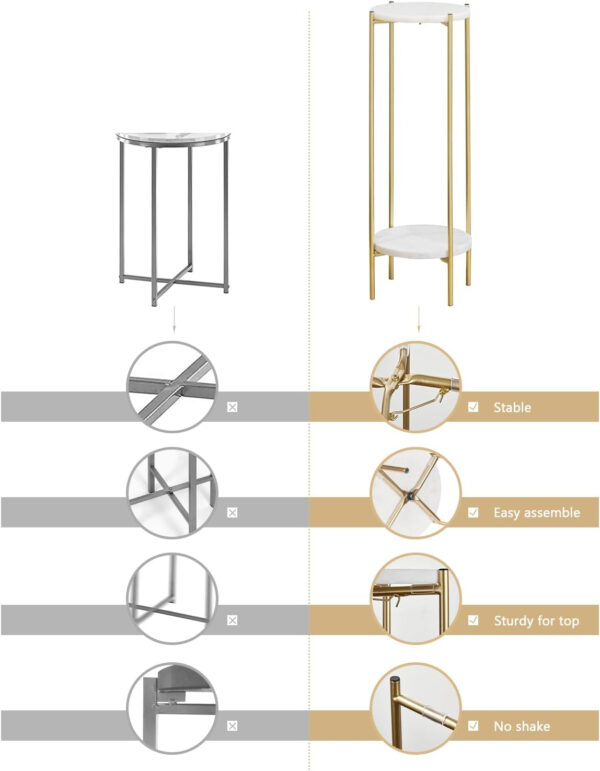 Metal Round 2 Tier Side End Table with Real Natural Marble Top Plant Stands Modern Lightweiht Bedside Small Coffee Table for Living Room Bedroom Small Space White…