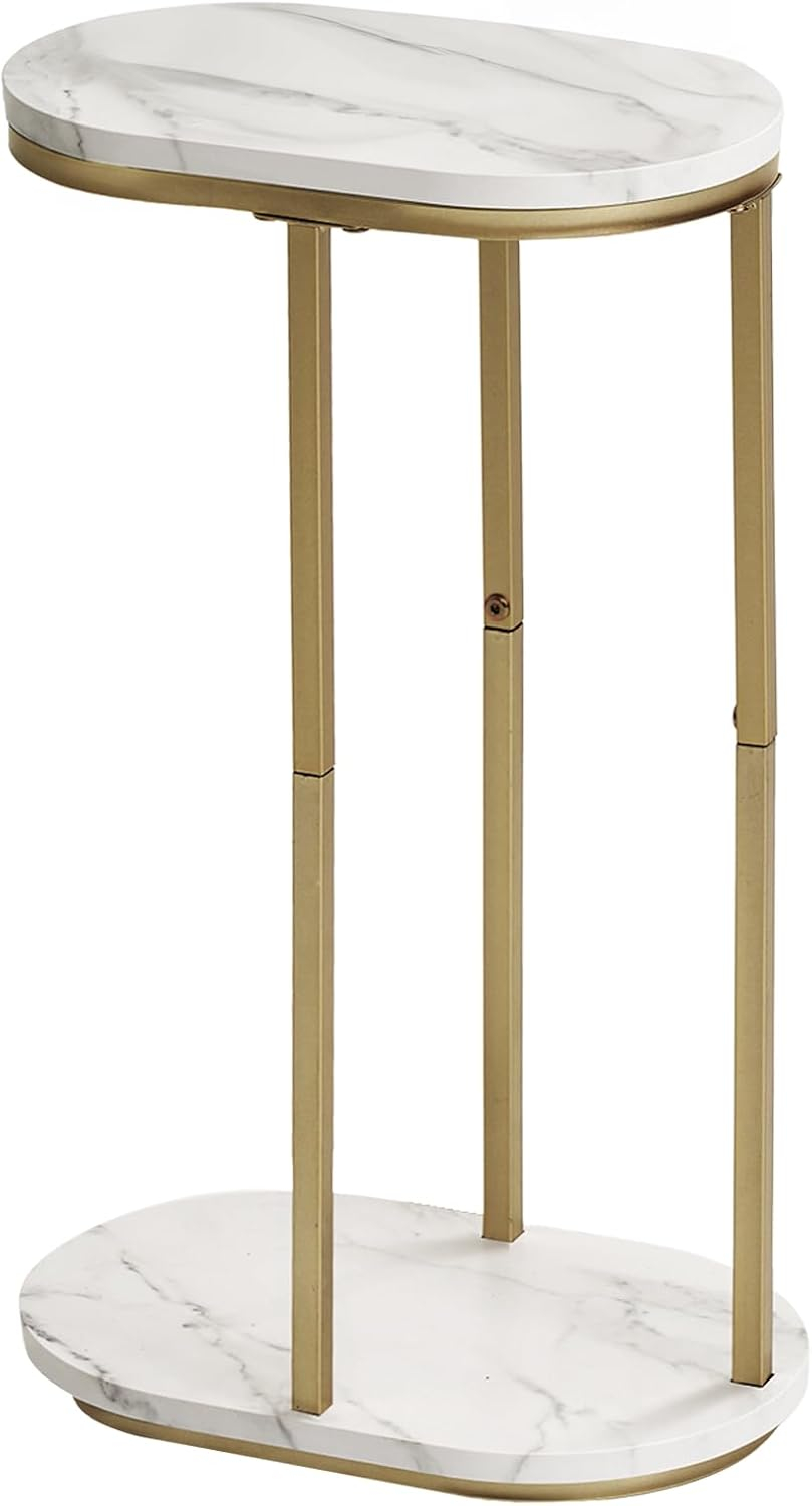 Wooden Marble Side Table, Oval Top with Gold Metal Frame for Ends, Compact Marble C Table for Living Room, Bedroom, Home Office, or Small Spaces