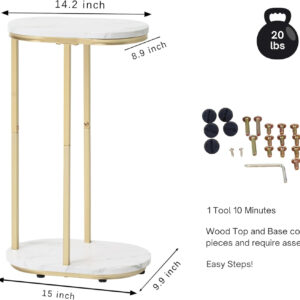 688876993c18380ce0afa2d4c2dfb3ef0bea40d6e17421d44dd11.jpg Wooden Marble Side Table, Oval Top with Gold Metal Frame for Ends, Compact Marble C Table for Living Room, Bedroom, Home Office, or Small Spaces