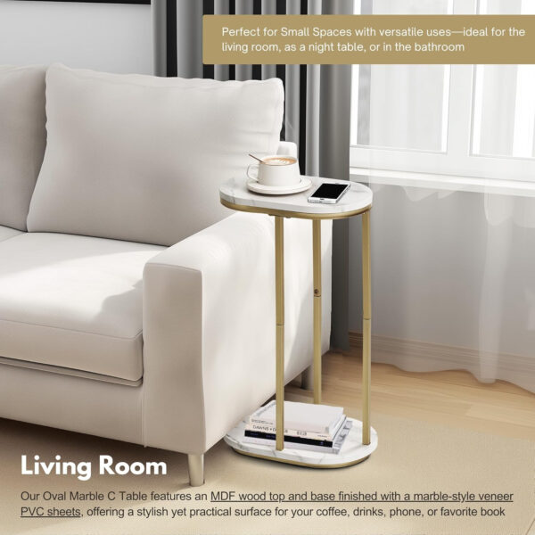 6888769b087a1b112005daca67ec26e3ff1a31ebf6c68b24612df.jpg Wooden Marble Side Table, Oval Top with Gold Metal Frame for Ends, Compact Marble C Table for Living Room, Bedroom, Home Office, or Small Spaces